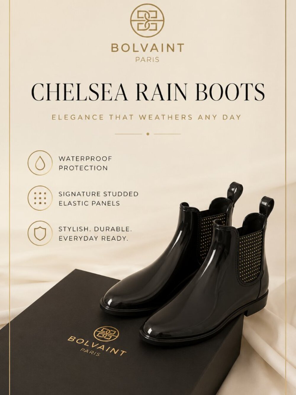 Bolvaint Paris Chelsea Rain Boots Black Gloss Studded Size 41 New With Box